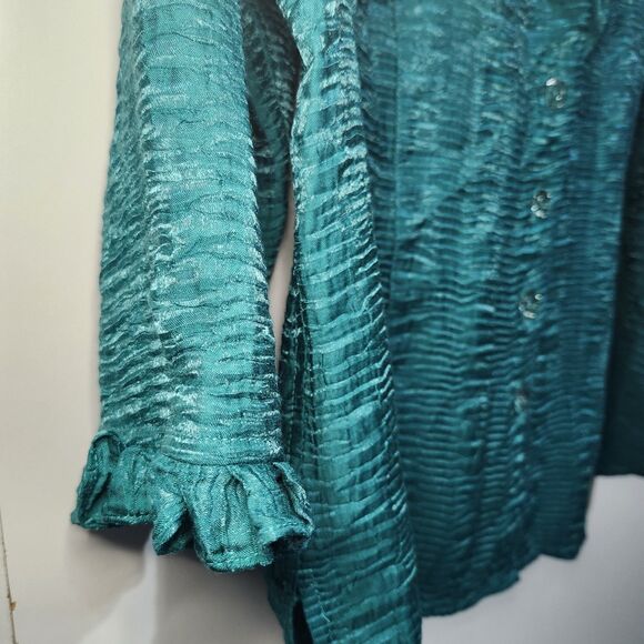 Drapers & Damons Top Women PM Petite Green Blouse Ruffled Buttons Crinkle - Picture 3 of 9